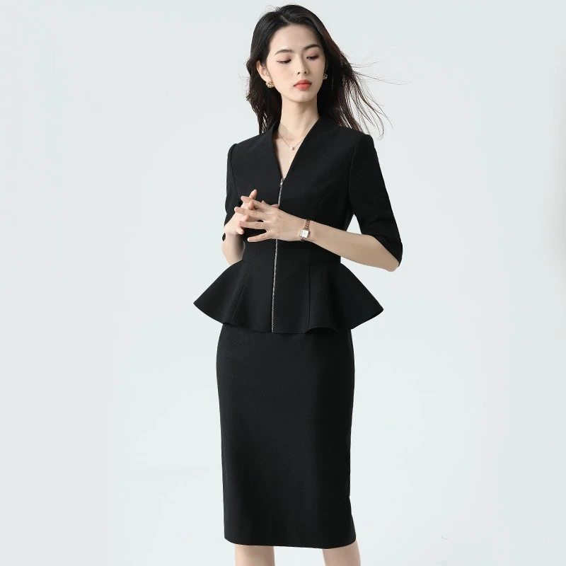 祥春鸟高级感职业拉链假两件包臀连衣裙夏季商务通勤裙子2428299
