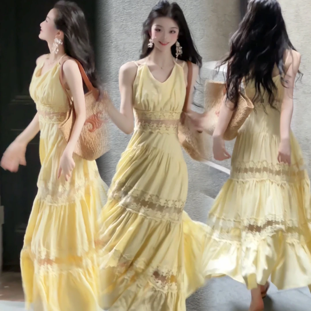 百亿【月光星耀】法式气质百搭蕾丝吊带连衣裙