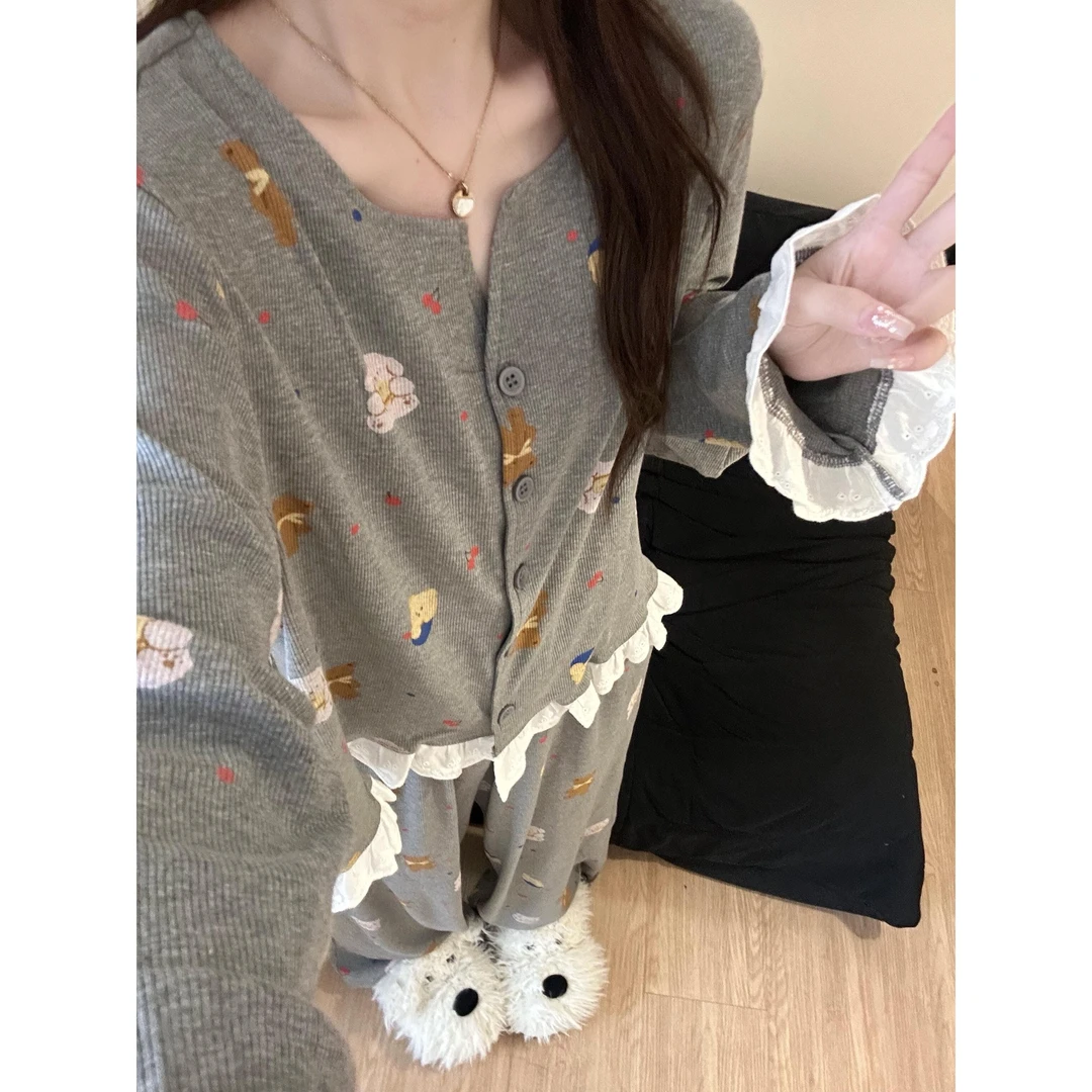 韩系小熊印花蕾丝花边拼接长袖睡衣女春秋季长裤家居服套装可外穿