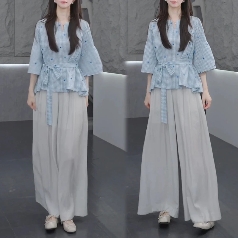慵懒风复古套装女夏季新款收腰显瘦碎花短袖衬衫休闲阔腿裤两件套