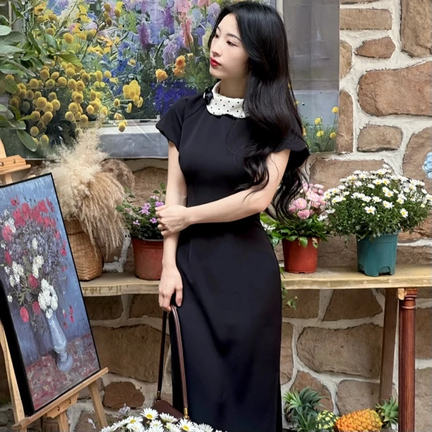 叁屿定制 赫本馨~文艺复古气质西装面料波点娃娃领修身显瘦旗袍