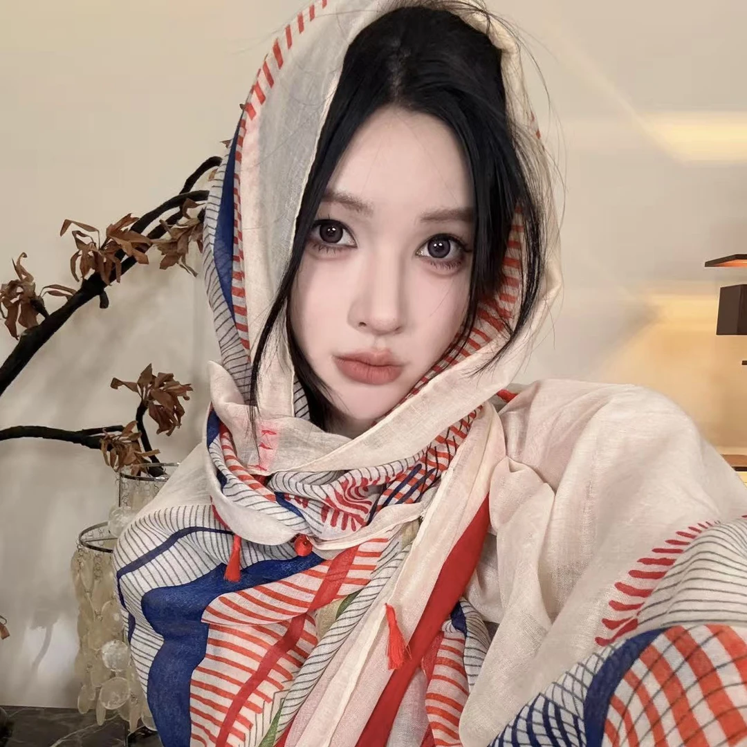 YEVET夏季防晒披肩盘扣长款民族风旅游拍照薄款沙滩丝巾斗篷