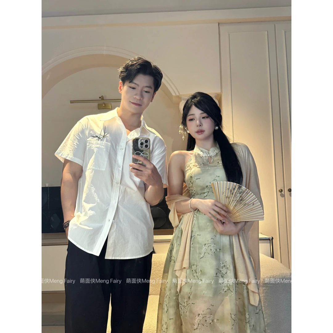 11.3清清萌面侠【新中式情侣款男】100棉新中式宽松短袖衬衫 5565M