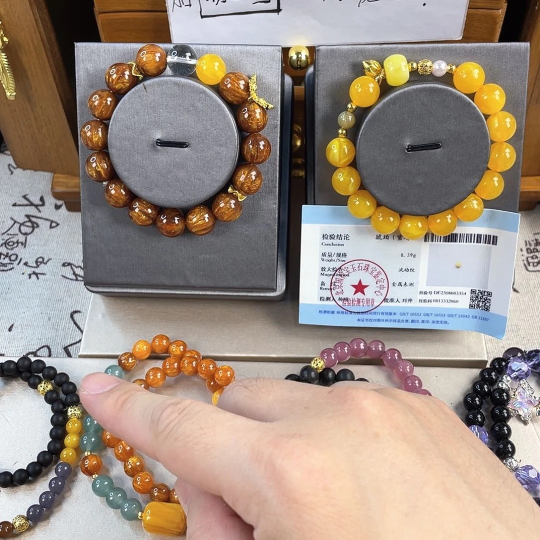 琥珀手饰银S925镀金镶嵌