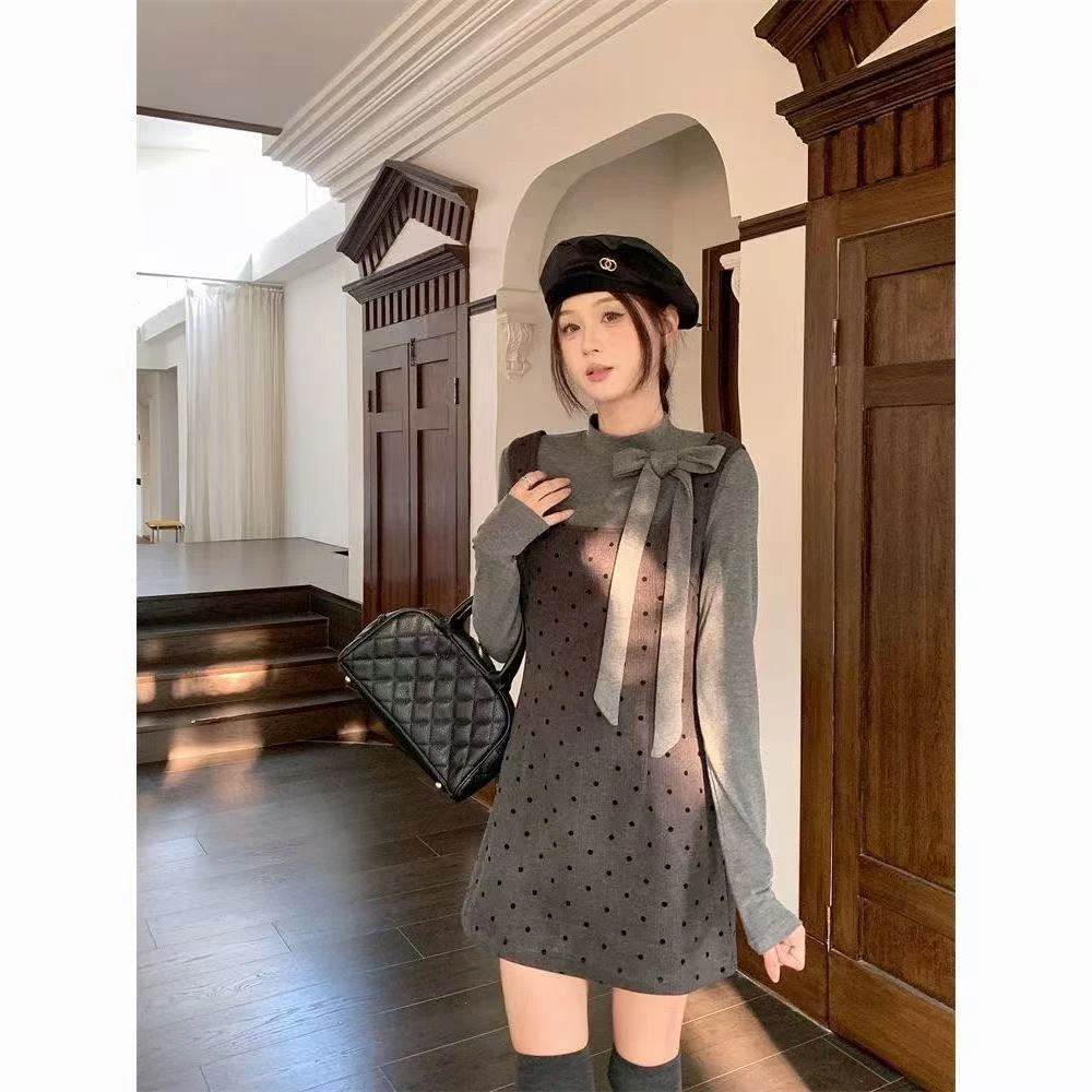 法式秋冬季新款蝴蝶结T恤打底衫上衣+波点吊带修身显瘦连衣裙女装