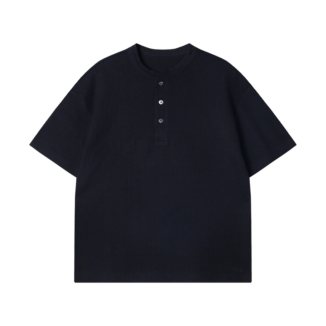 夏季高级感新款潮牌纯色半纽扣格子肌理感纹路简约通勤百搭短袖