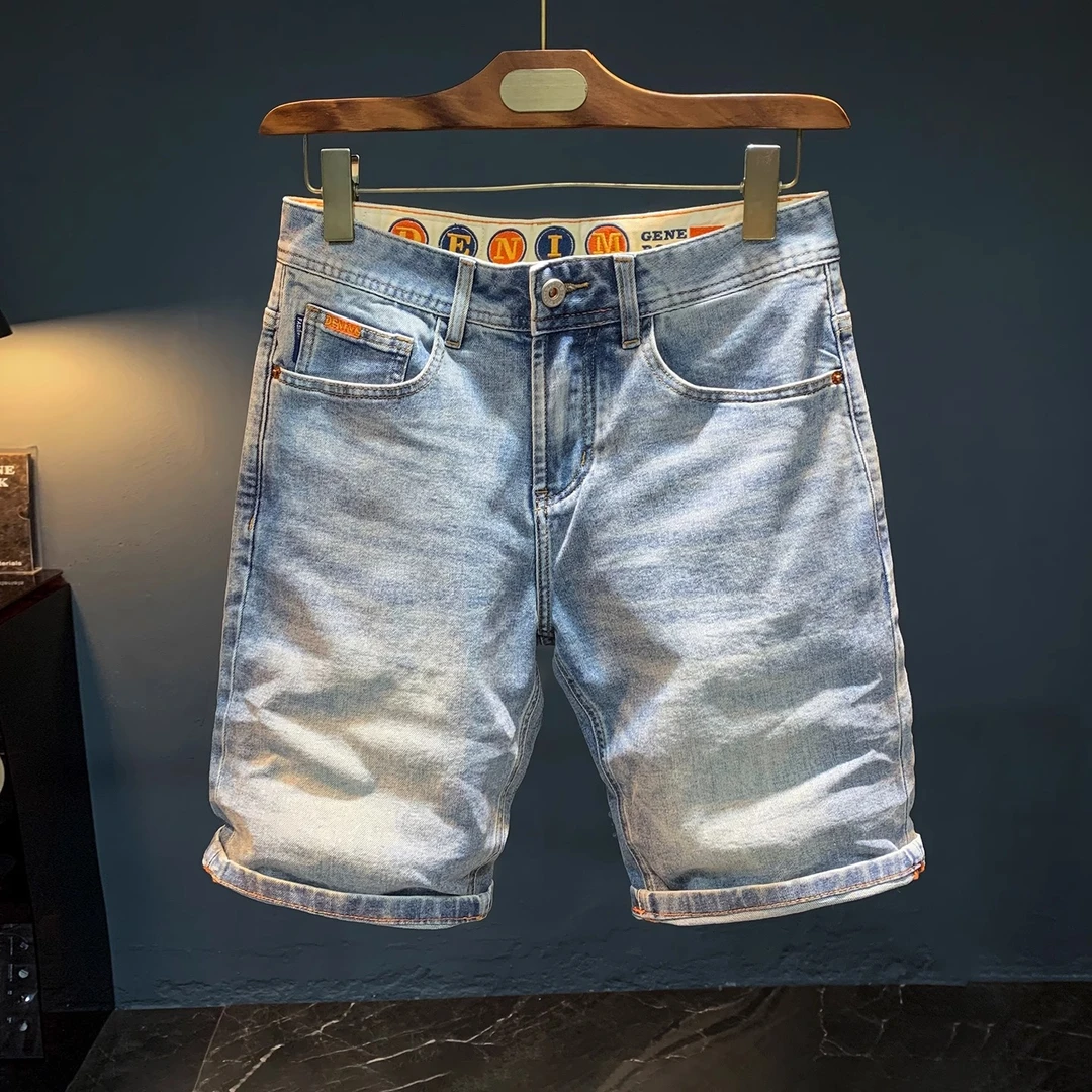 法国Cebrodz美式硬汉牛仔短裤男潮流做旧水洗中裤夏薄浅色五分裤