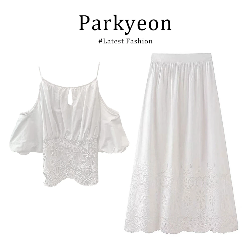 parkyeon法式白色镂空设计感露肩上衣2025夏季百搭宽松气质长裙女