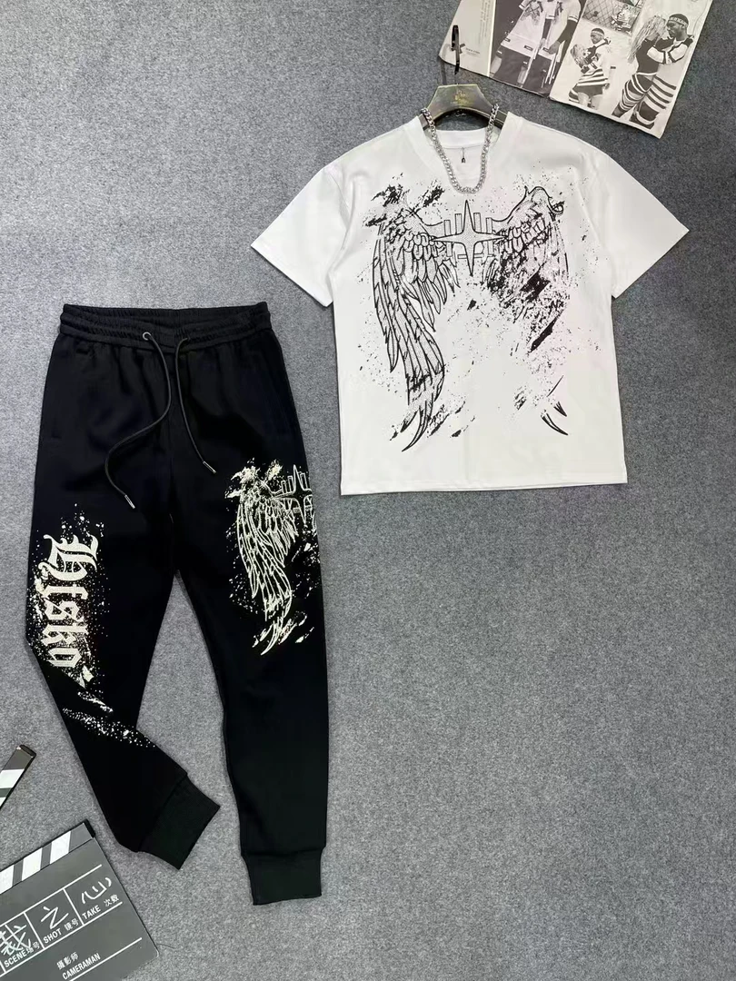 11908-909轻奢潮牌大码套装时尚休闲宽松镶钻烫钻短袖T恤网红