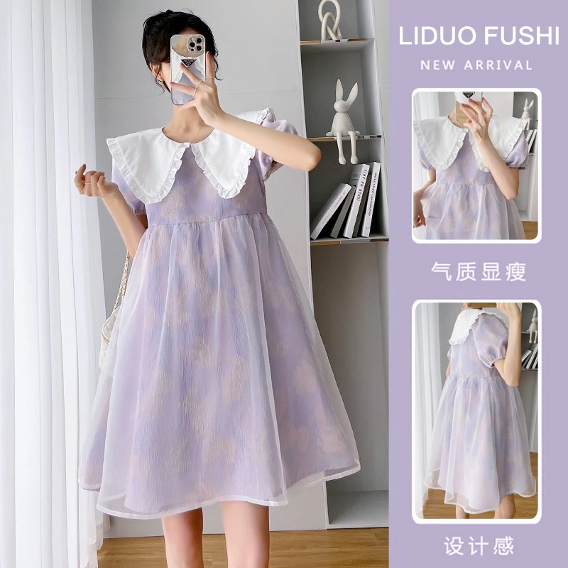 2025新款孕妇装大码连衣裙娃娃领时尚宽松百搭显瘦气质小个子夏季