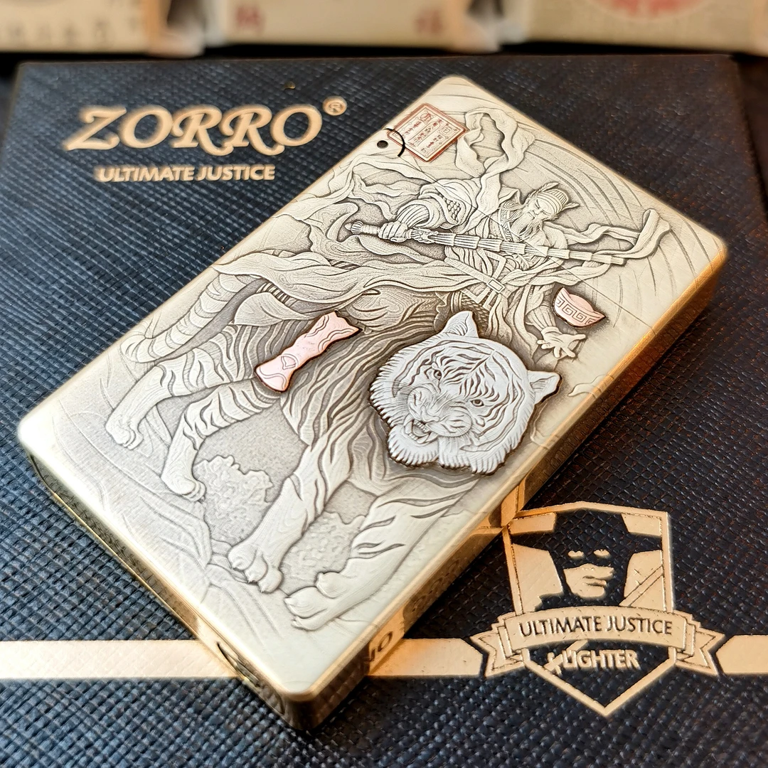 ZORRO佐罗超薄朗声机799煤油打火机浮雕镶嵌赵公明武财神黄铜一体
