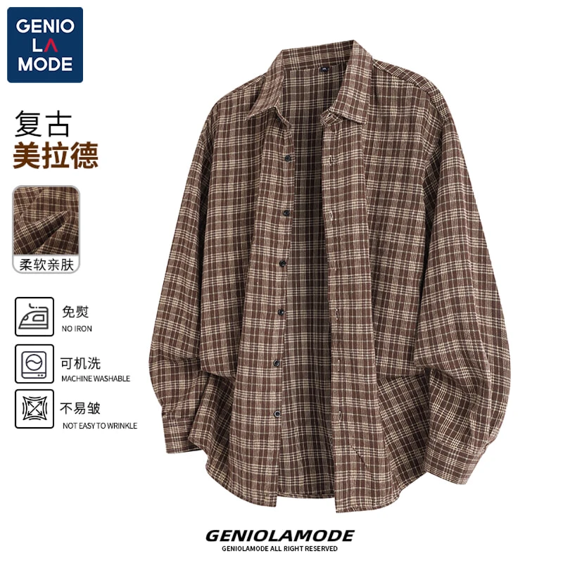 【敖瑞鹏代言】GENIOLAMODE港风复古格纹长袖衬衫男生秋季通勤