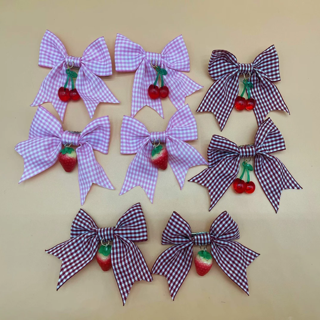 原创lolita少女红色樱桃蝴蝶结布艺发饰发夹侧边甜妹双层蕾丝草莓