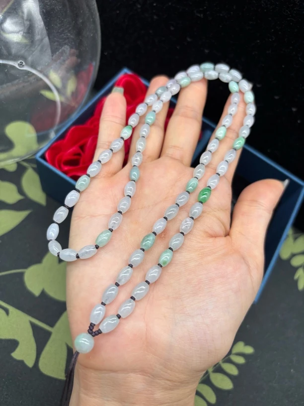 天然缅甸翡翠a货冰种春彩米珠5mm黄翡全绿玉石珠链挂件绳长链编织