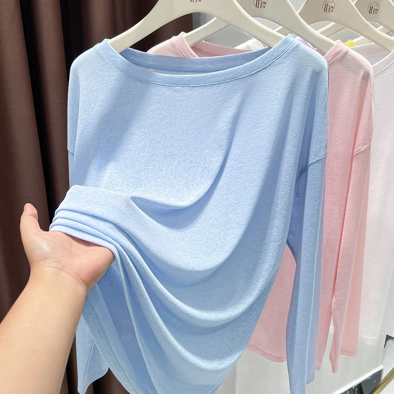 夏季多巴胺蓝色圆领针织上衣女新款宽松防晒罩衫洋气外穿长袖T恤
