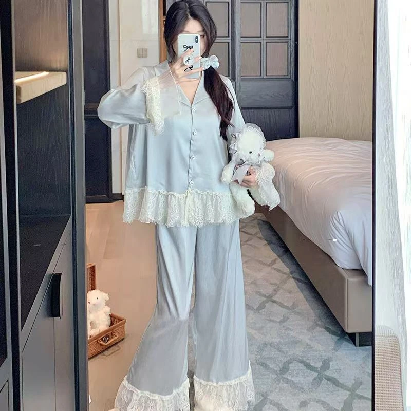 睡衣女款爆款2025新款冰丝长袖长裤蕾丝花边春秋薄款甜美套装家居