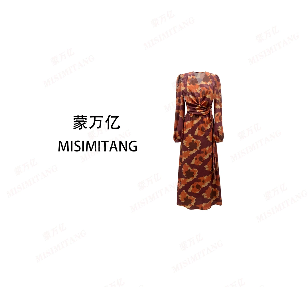 【西西里】春款时尚气质修身绑带显瘦长袖女装连衣裙裙子优雅印花