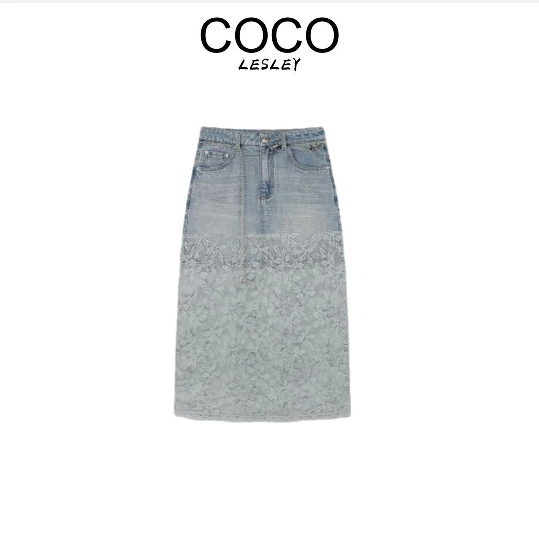 【COCO LESLEY】春夏高定烫钻牛仔拼接提花蕾丝时髦半裙