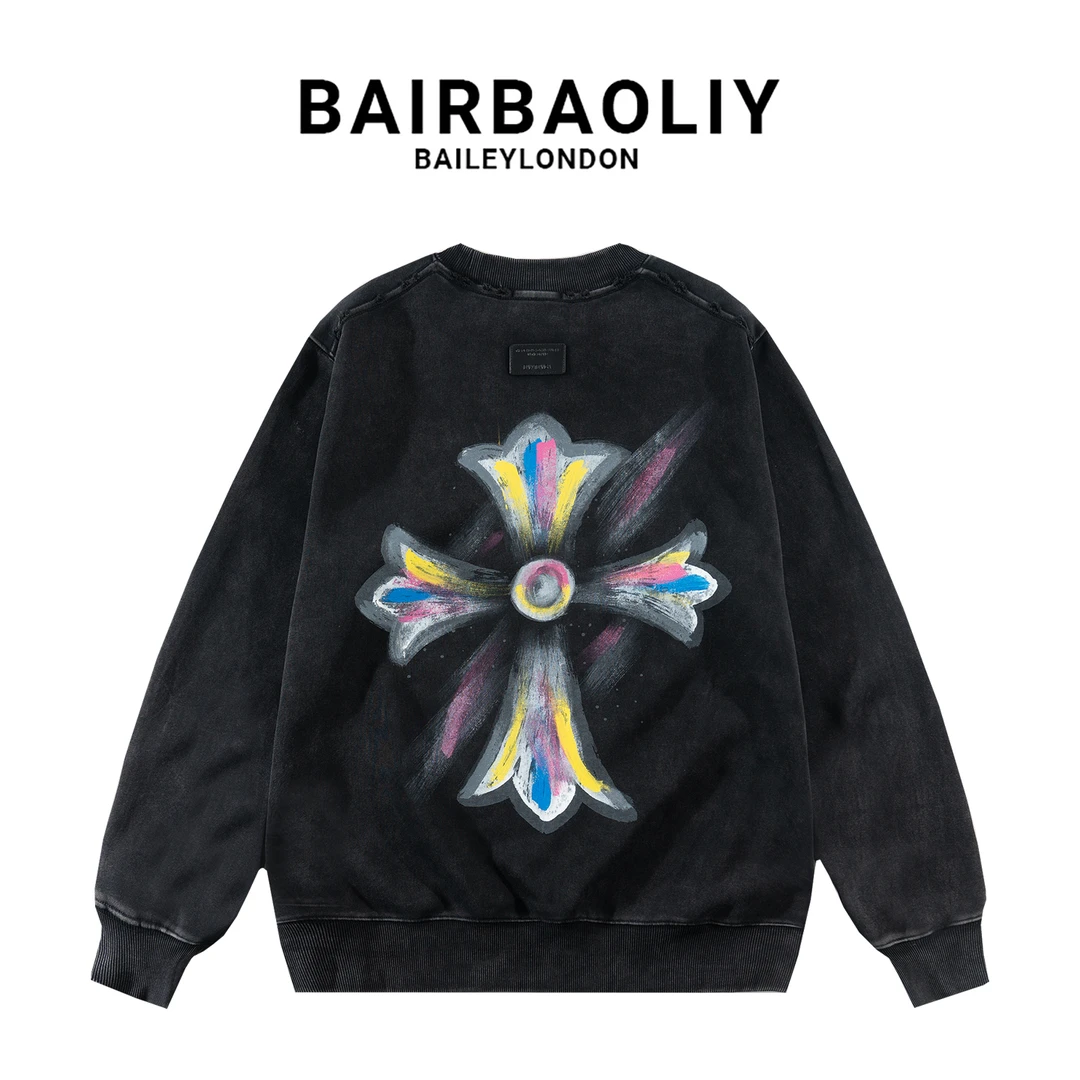 BAIRBAOLIY美式高端水洗做旧复古卫衣男女彩绘十字架秋冬欧潮上衣