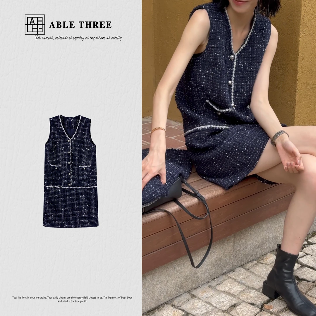 ABLE THREE | 【ELEGANT】 羊毛复古无袖粗花呢编织连衣裙 AW9198