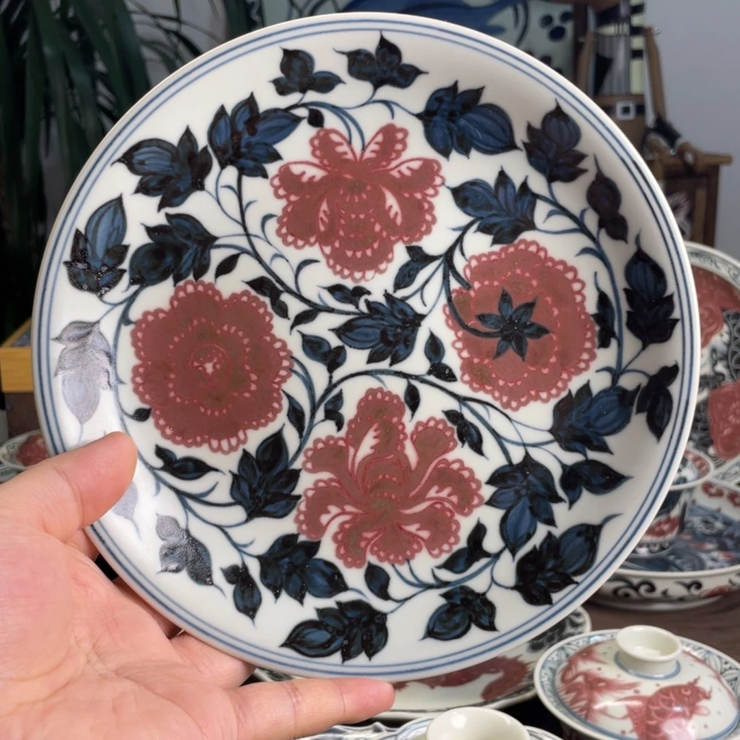 青花釉里红牡丹花壶承微瑕