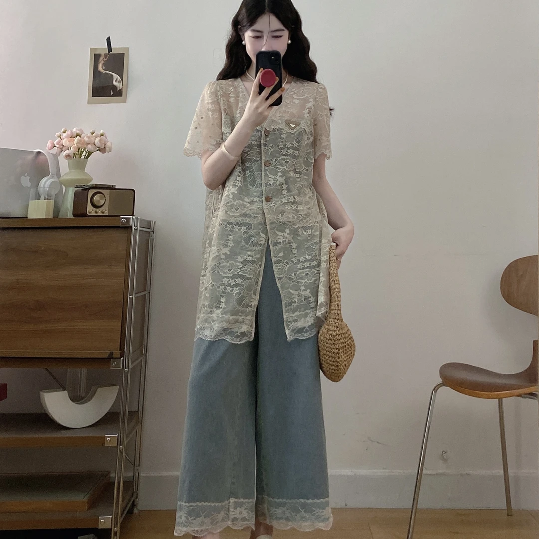 大码~复古蕾丝拼接牛仔上衣薄牛仔裤子两件套