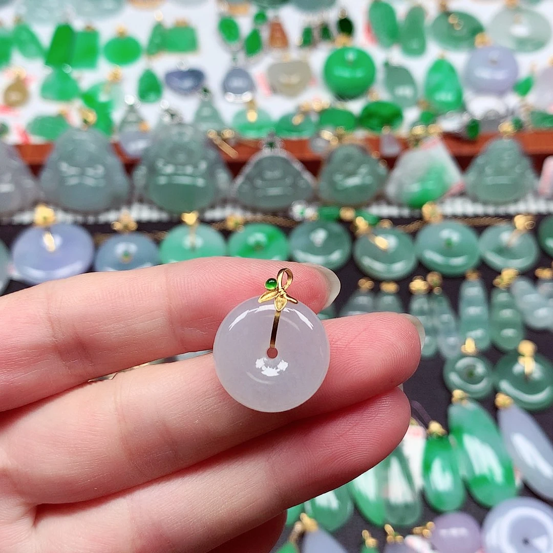 翡翠18K金镶嵌吊坠(不含链)天然翡翠A货
