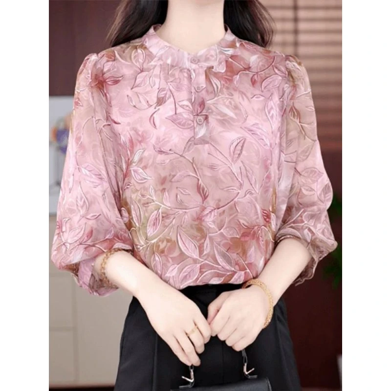 金枝玉叶衬衫夏季遮肉百搭Q新款减龄叶子提花显瘦衬衣2025年大码