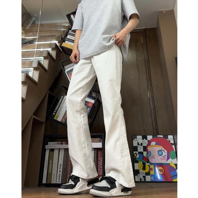 美式水洗白色拼接牛仔裤男女款夏季高街vibe裤子宽松直筒微喇长裤