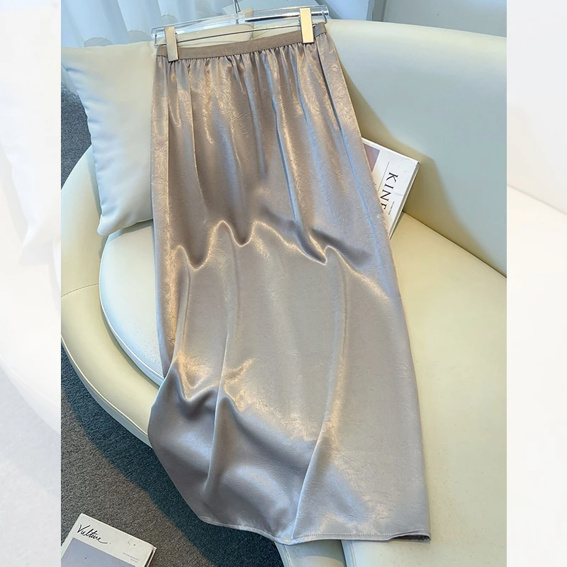 高级感金色缎面半身裙女夏季薄款2025新款醋酸开叉a字裙包臀裙子