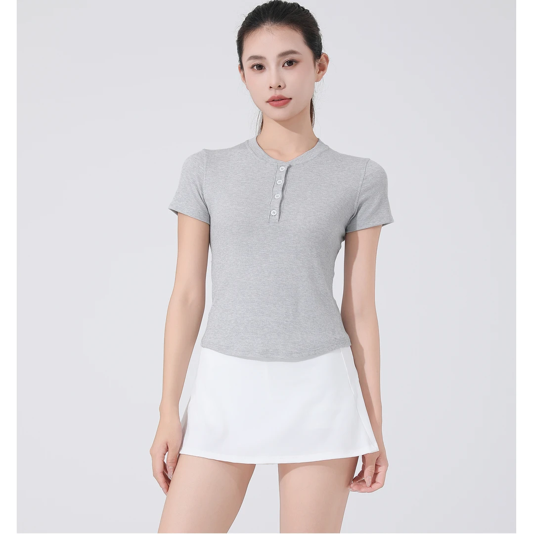 亨利衫瑜伽服修身短袖时尚正肩修身打底衫内搭女显瘦短款休闲运动