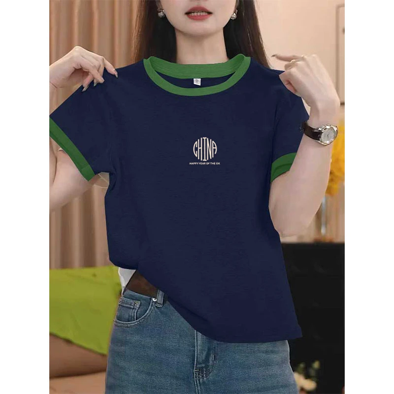 2025新款正肩圆领撞色短袖t恤女时尚百搭洋气设计感小众上衣夏季