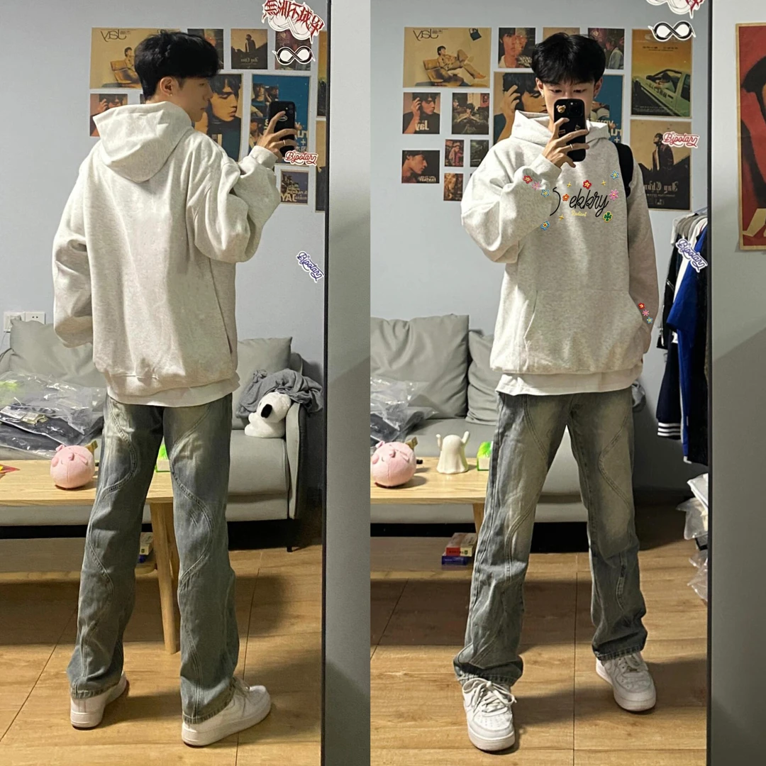 美式仿刺绣花花字母印花宽松连帽卫衣男女秋冬季休闲百搭情侣上衣