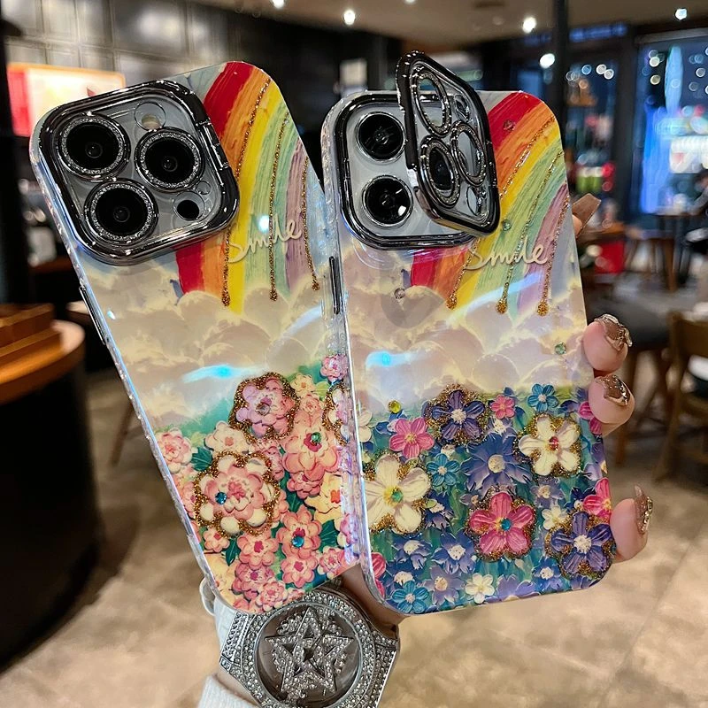 适用苹果系列iPhone16新款手机壳ins风彩虹花海银色闪粉镜头支架