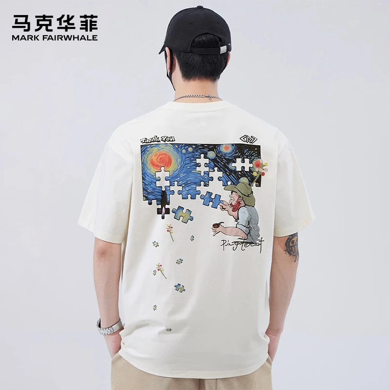 MARK FAIRWHALE/马克华菲重磅冰感液氨棉刺绣短袖t恤男士夏季上衣