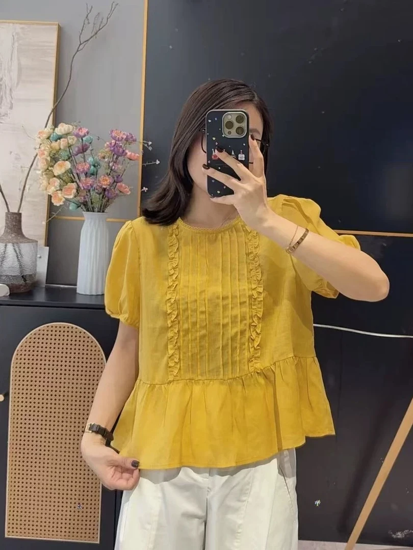 夏季短袖夏季法式宽松刺绣衬衫上衣显瘦花边褶皱
