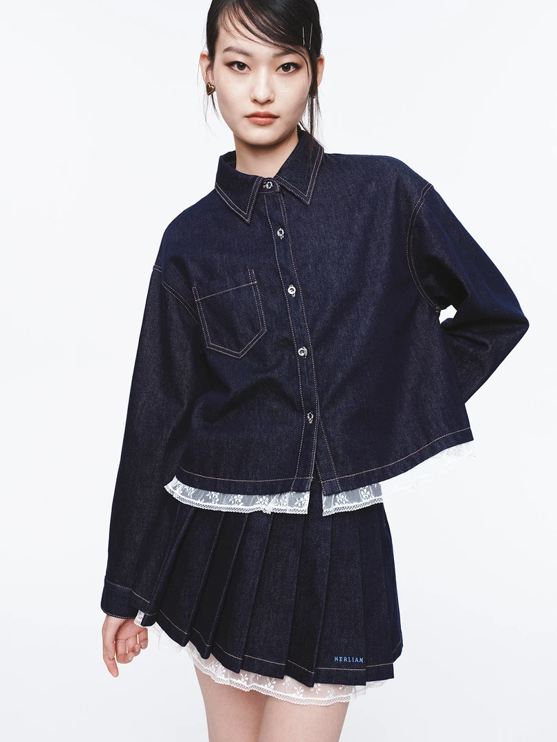 CELECT买手店 HERLIAN 2025年春季新品蕾丝拼接下摆原色牛仔外套