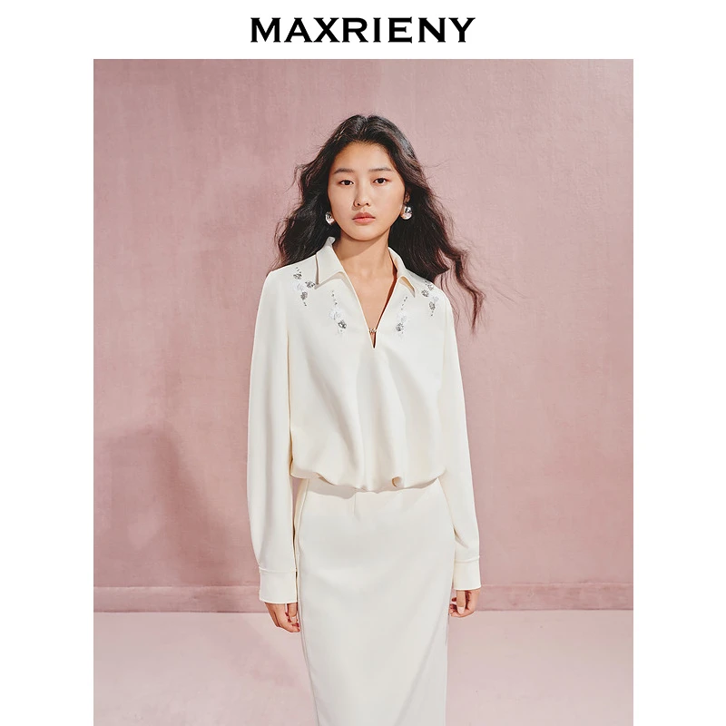 【商场同款】MAXRIENY精致休闲V领花苞衬衫钉珠装饰上衣女秋季白色