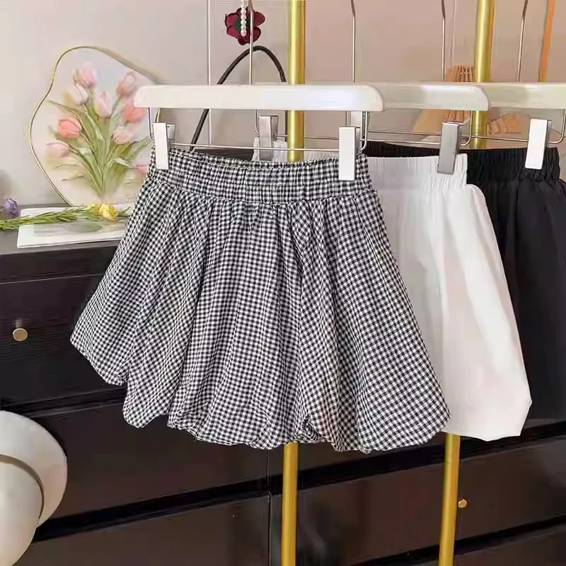 设计感撞色格子花苞半身裙女春季2025年小个子高腰防走光蓬蓬短裙