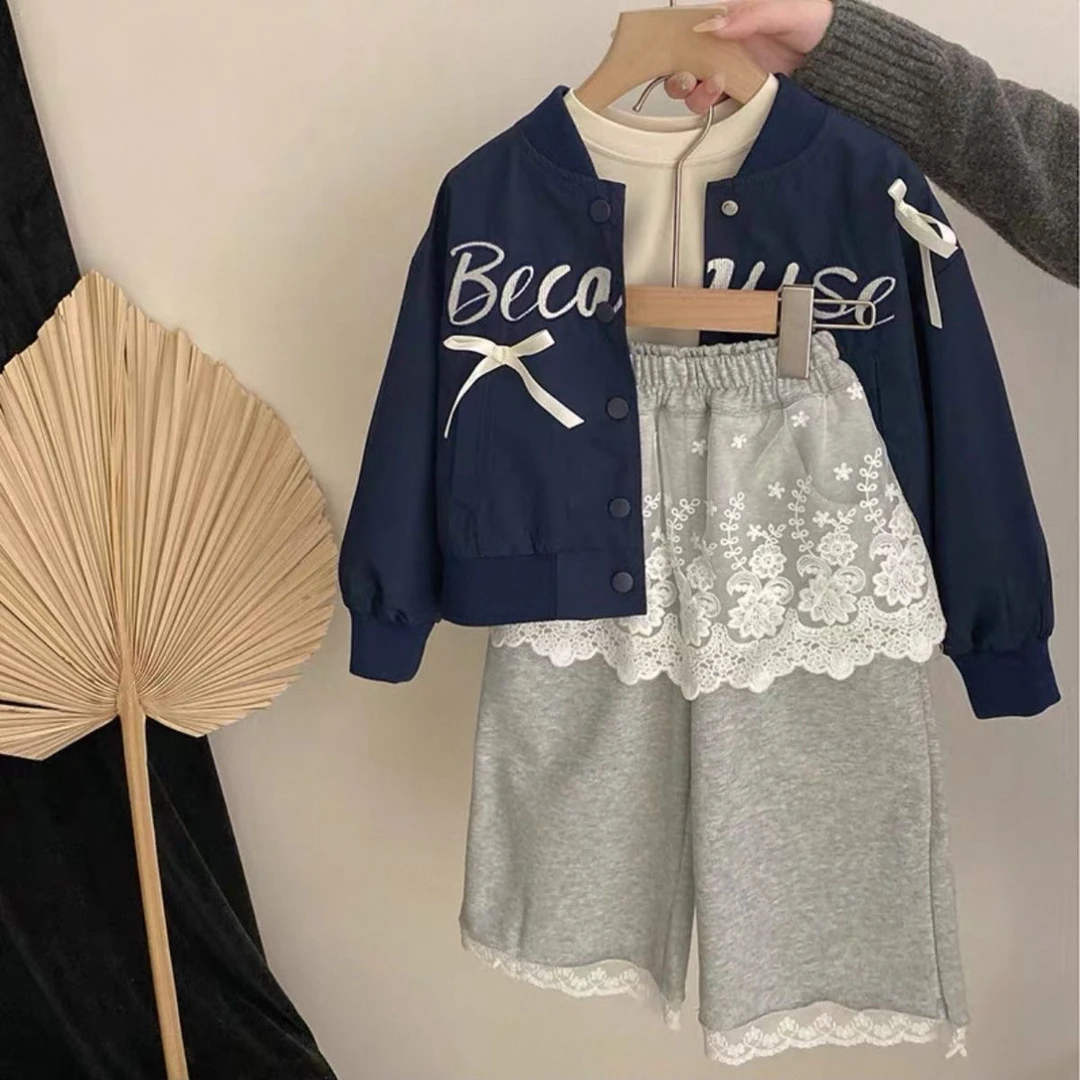 女童外套春季2025春秋洋气新款时髦中小童卫裤蝴蝶结棒球夹克上衣