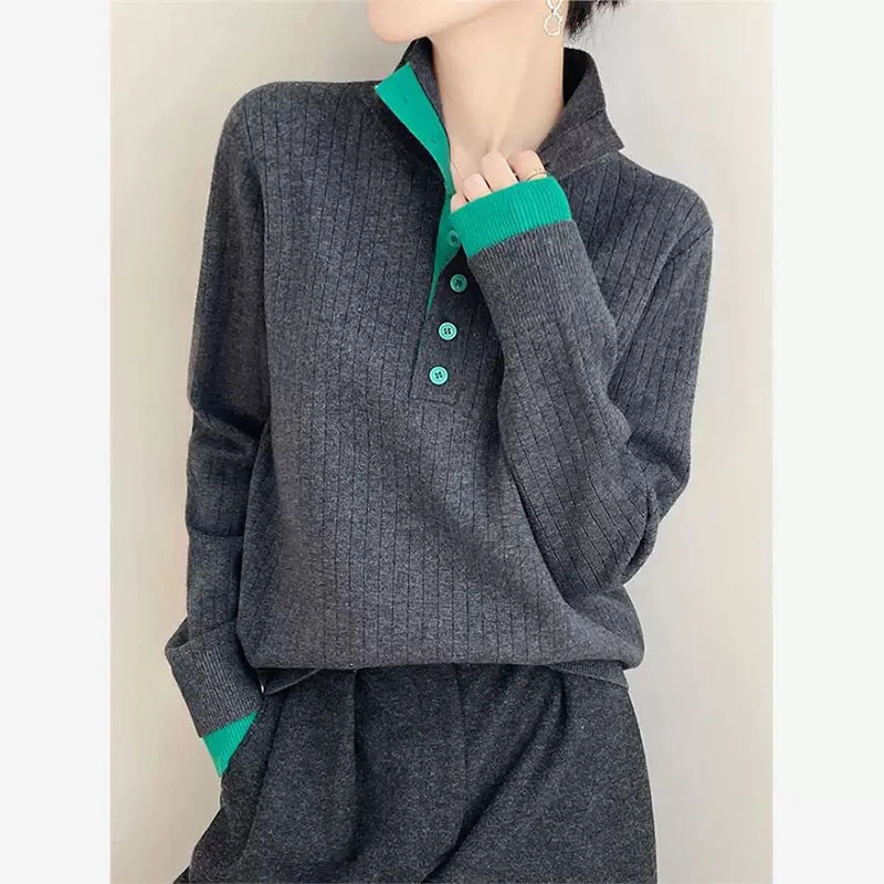 379#【立体袖口撞色--高级灰】2025新款秋冬加厚针织上衣女洋气百搭