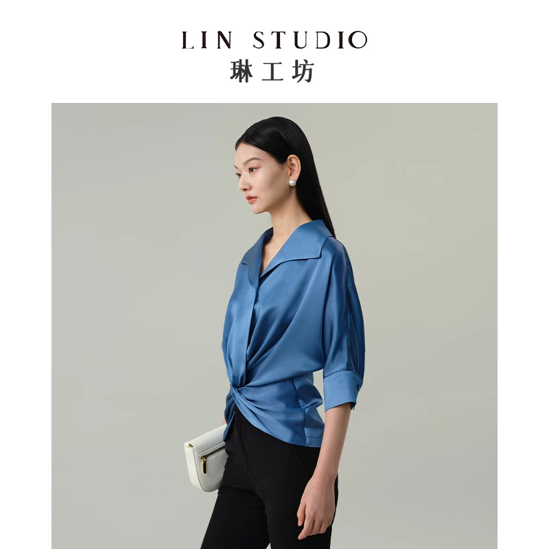 【醋酸】琳工坊“惟初”蓝色衬衫法式交叉抽褶洋气通勤显瘦唐琳设计师