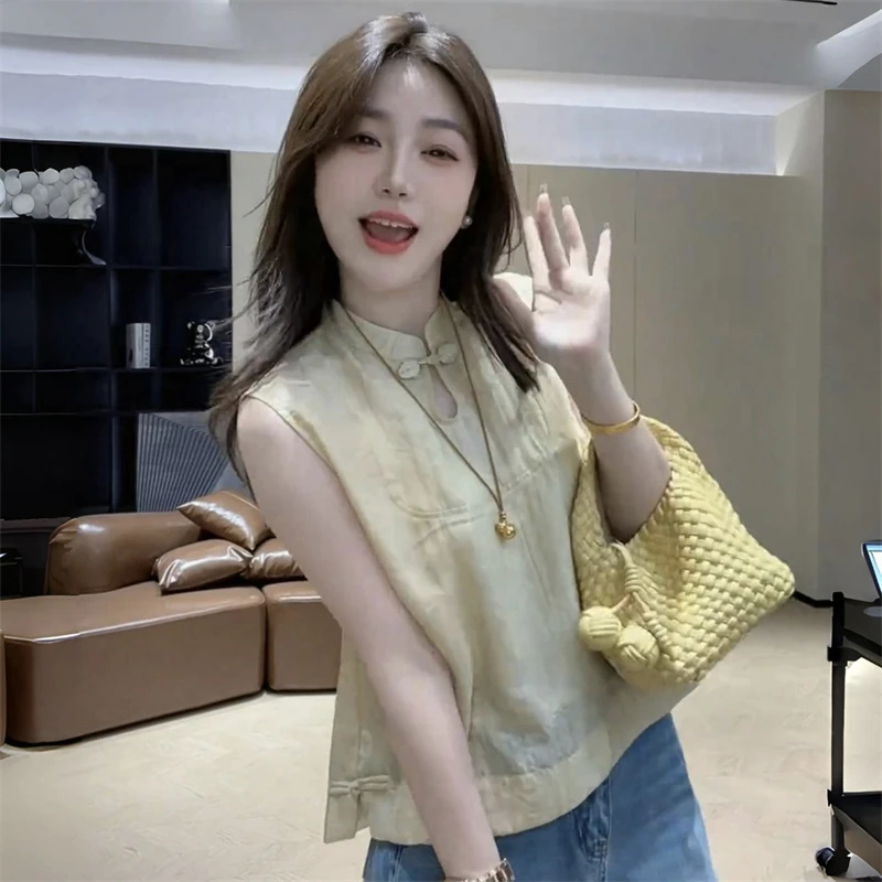 2025夏季新款洋气百搭宽松显瘦上衣新中式国风盘扣立领无袖衬衫女