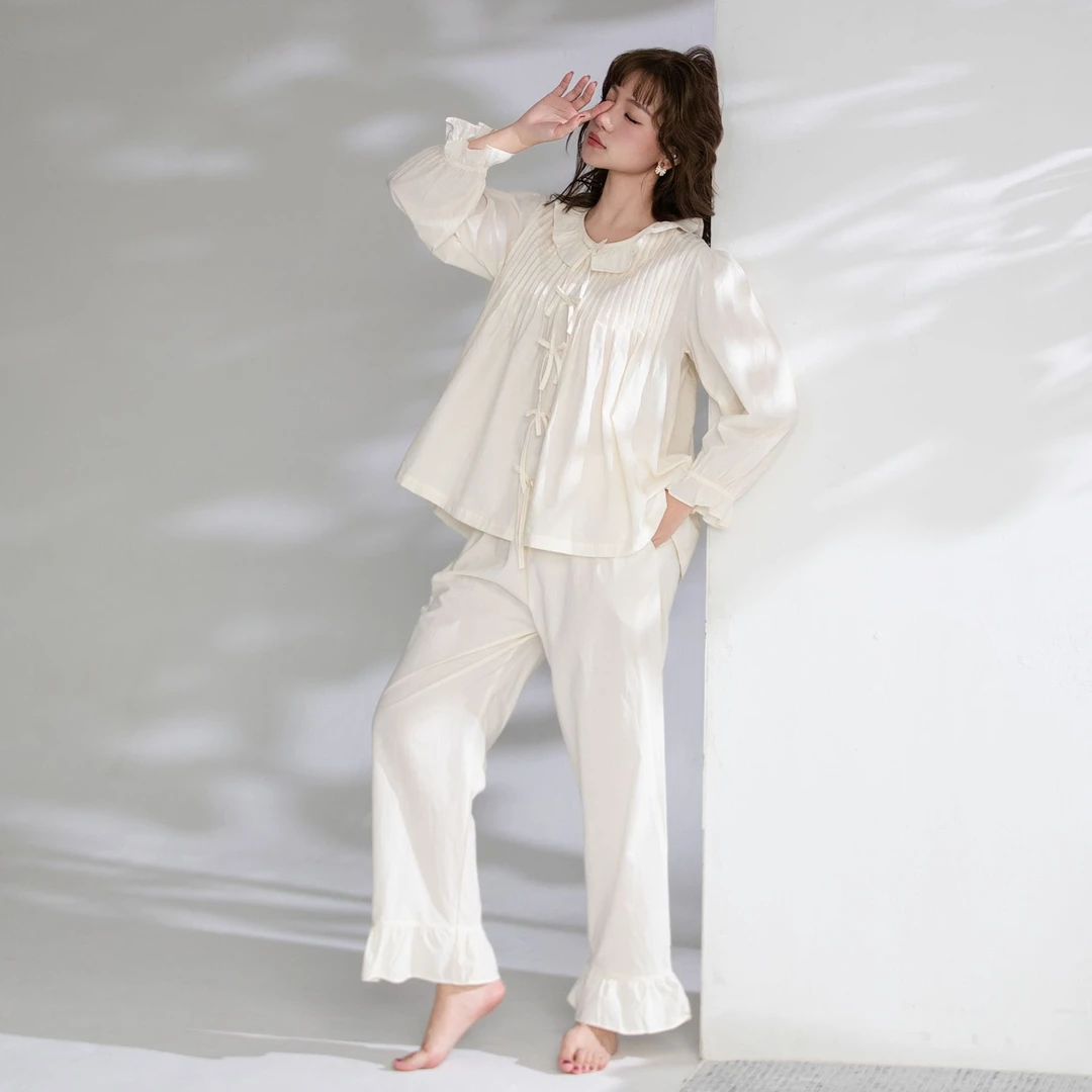 小香风长袖睡衣女秋冬新款法式荷叶领复古甜美风高级感家居服套装