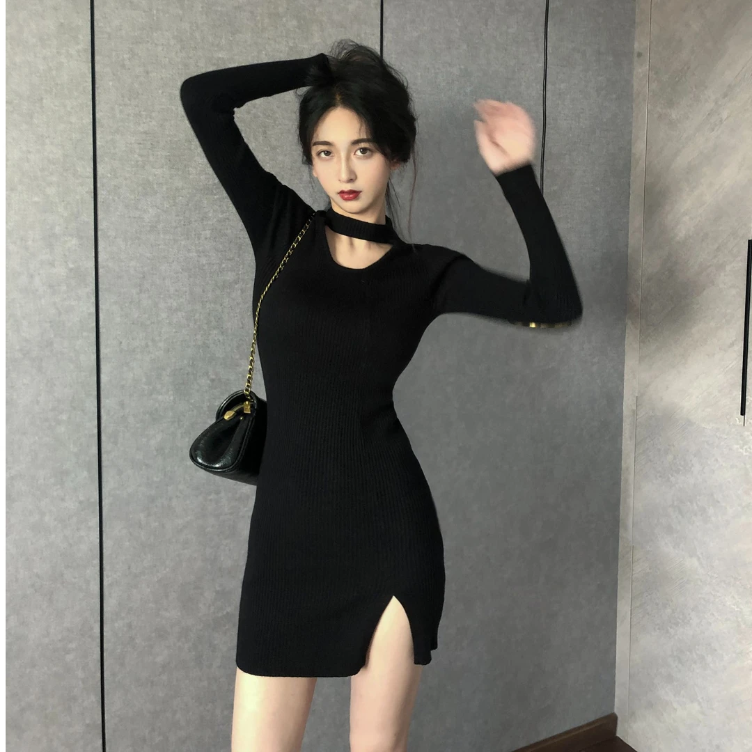alittlefun 性感黑天鹅 气质修身高腰打底中长款针织连衣裙包臀裙