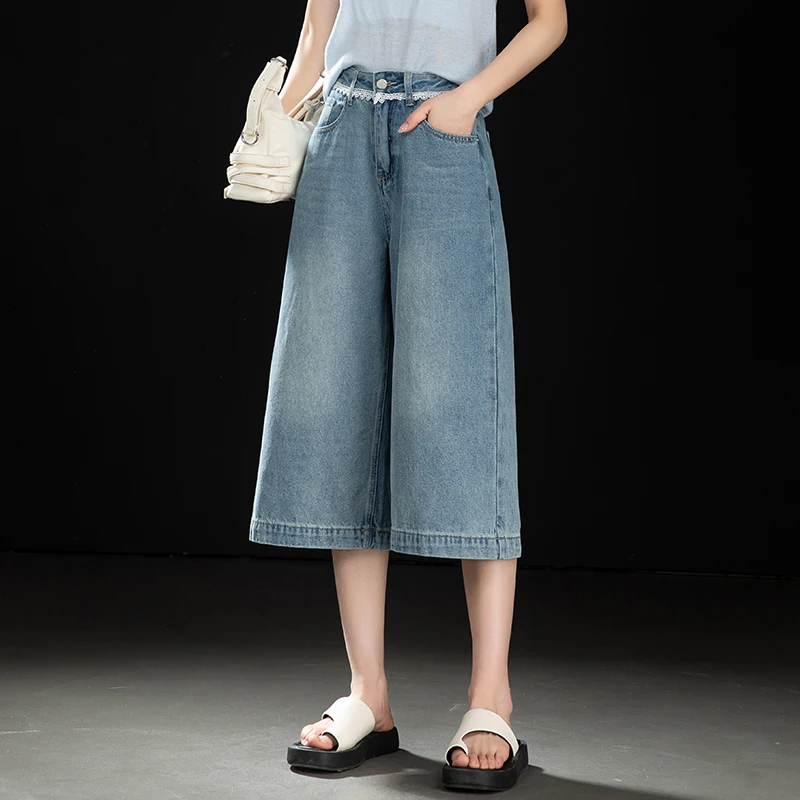 浅蓝色七分牛仔短裤女夏新款韩版高腰宽松阔腿裤显瘦百搭直筒中裤
