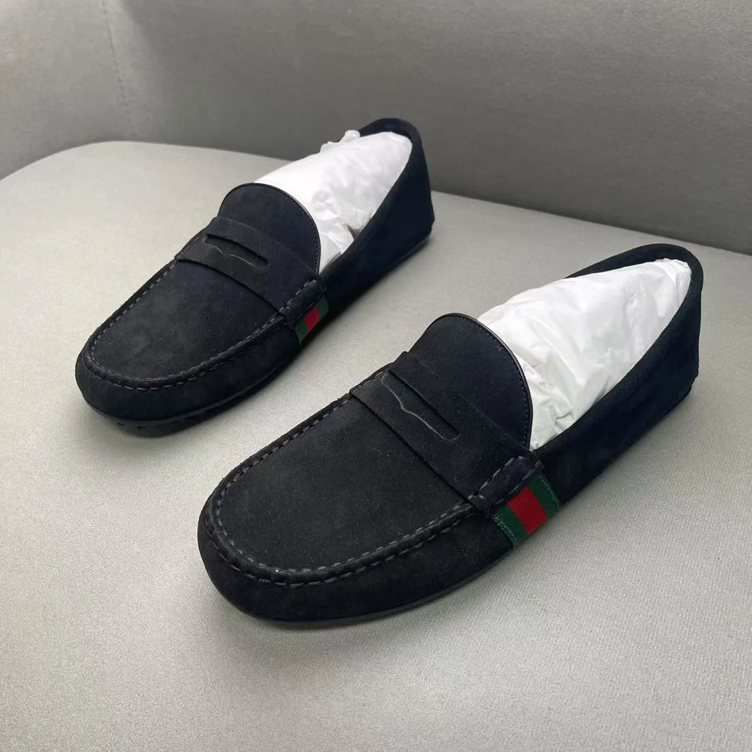 未使用 GUCCI/古驰 黑色麂皮红绿织带时尚休闲豆豆鞋 多尺码/全新