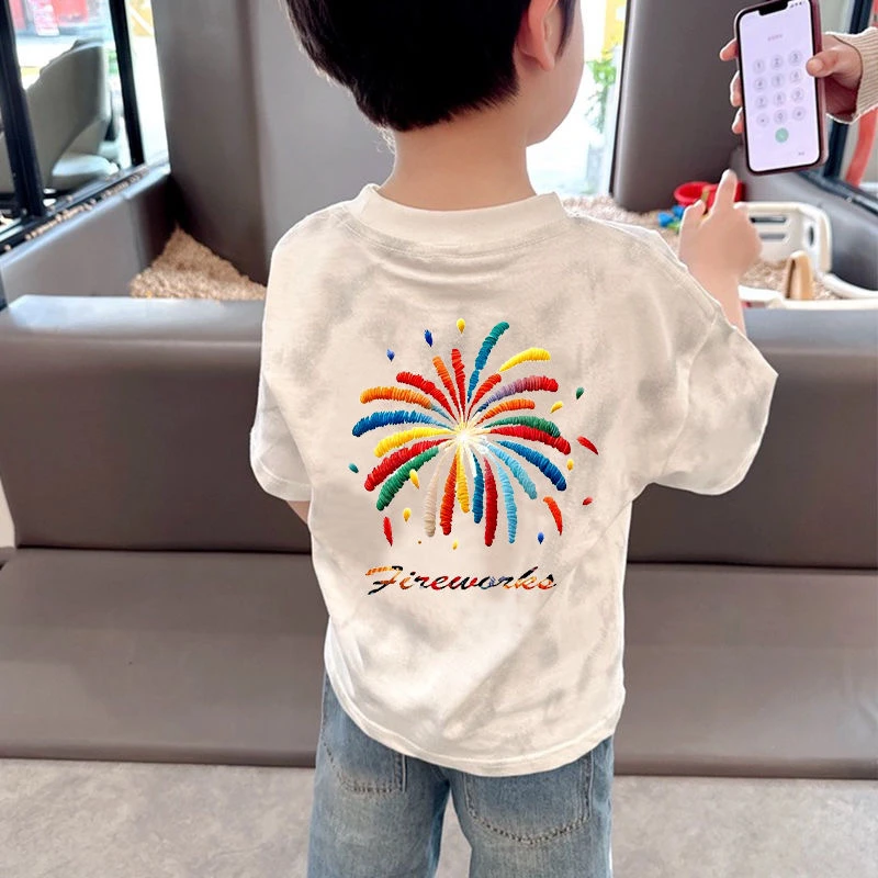 男童t恤短袖夏季女童纯棉薄款半袖儿童新款烟花印花韩版时尚上衣