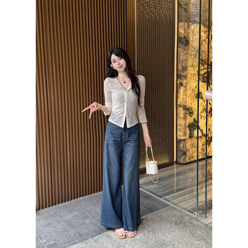 YUANLIANSU/圆脸酥【山川月白】立体刺绣花朵蕾丝衫+牛仔裤两件套女