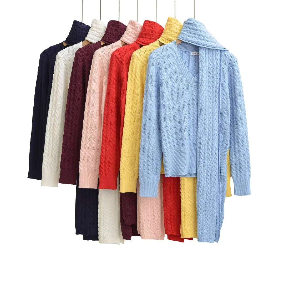 2525美式V领麻花挂脖围脖围巾长袖针织衫女内搭上衣